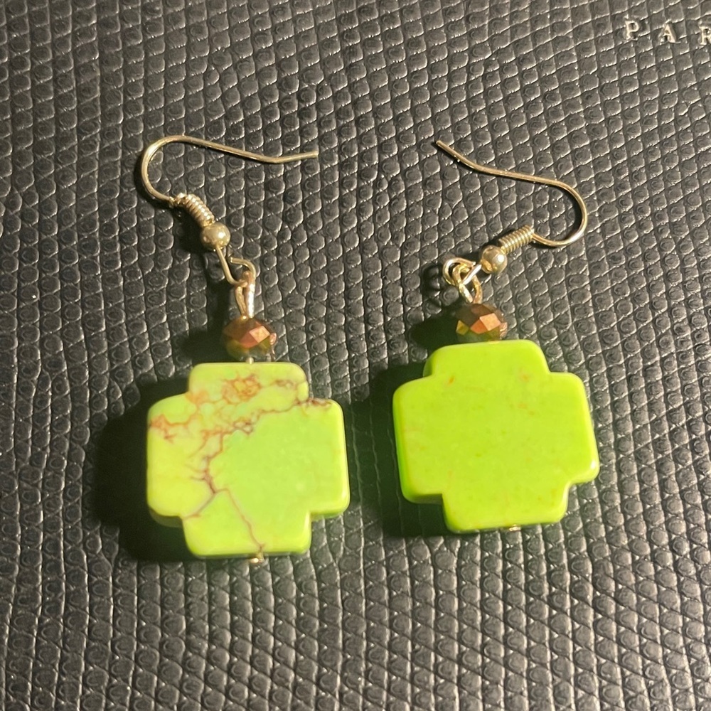 Lime Green Cross-Shaped Drop Earrings with Gold Hooks